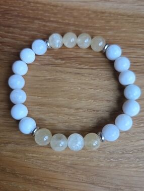 White Moonstone & Yellow Selenite Stretch Bracelet Hand Crafted Gemstone Beads